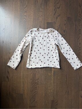Zara Girls' Long-Sleeve Floral Ribbed Top - Cream with Brown Flowers